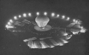 Inflation of the Explorer I balloon in the Stratobowl (National Geographic Magazine)