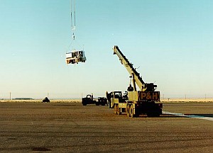 View of a launch using a crane as launch vehicle. It was the most common sight during operations at the base