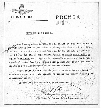 Facsimil del comunicado Oficial de la Fuerza Aerea (Gentileza: Leopoldo Fausto Montello)