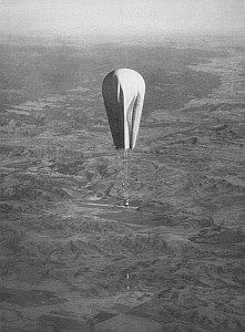 The explorer I balloon ascending from the Stratobowl (National Geographic Magazine)