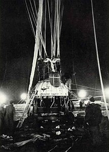 The explorer II gondola as seen from a side during balloon inflation procedures. It was the biggest flying laboratory of the time (Source: National Geographic Magazine January 1936)