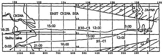 Mapa mostrando la ruta seguida por los dos primeros balones lanzados desde Japon hacia China en 1986