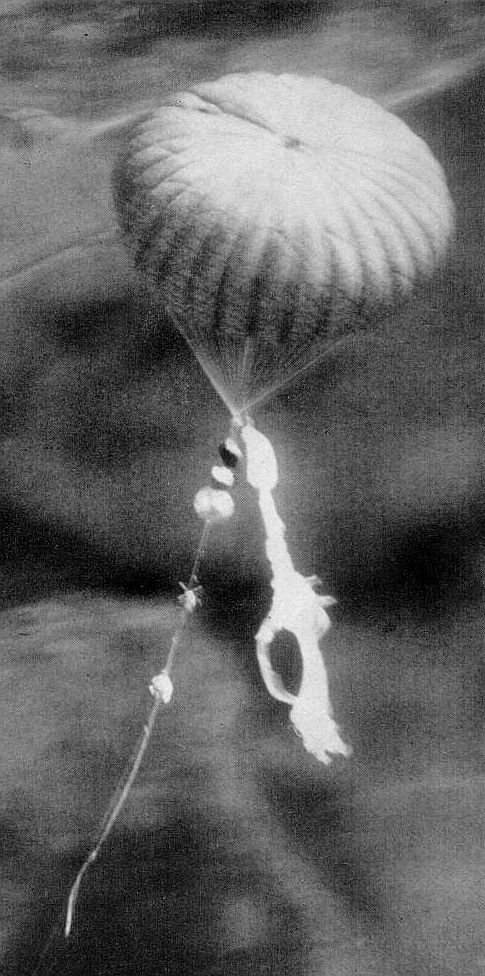 The payload landing under the parachute (Image: Life Magazine)