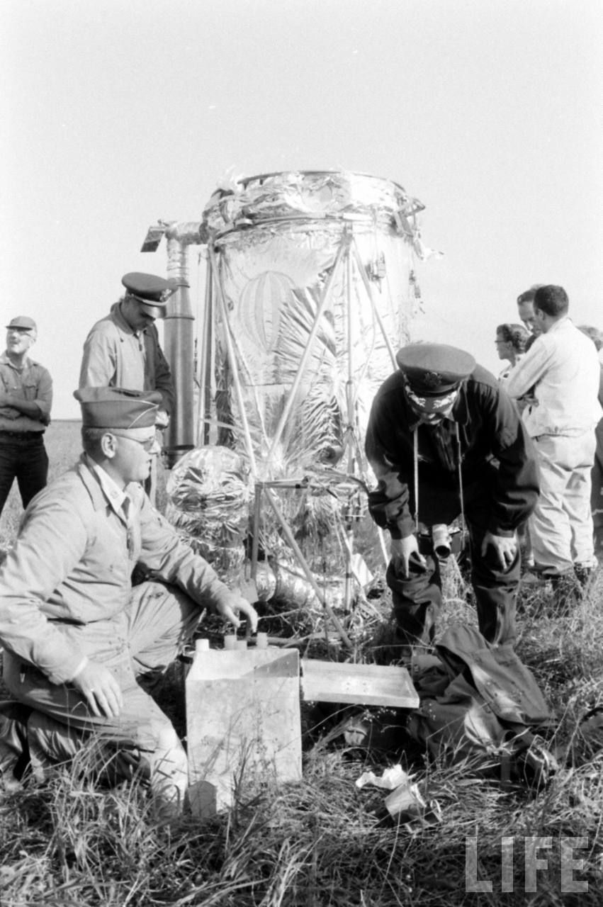 Colonel Stapp examinating the capsule remains in the landing field (Image courtesy of LIFE archive on Google)