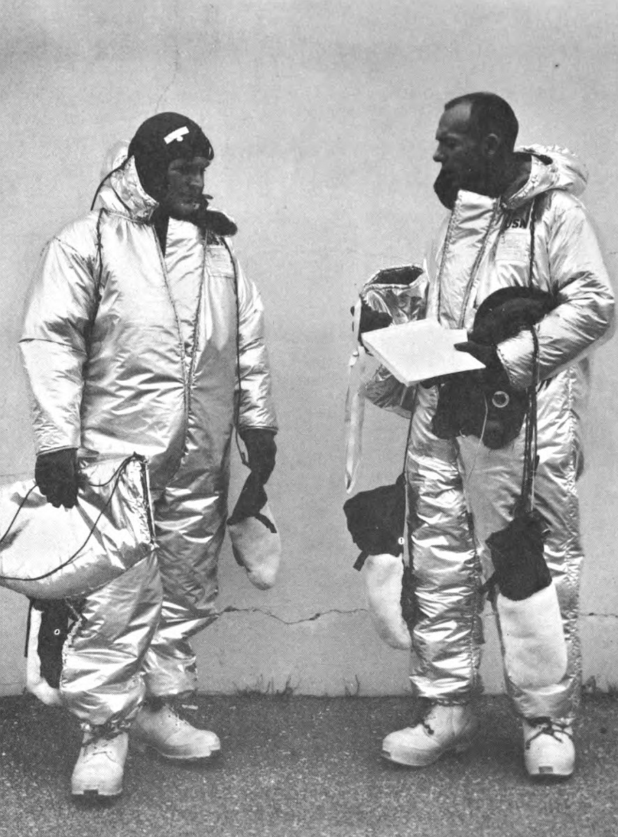 Cooper and Ross wearing the Navy's new lightweight, high-insulation garment designed for wear on high-altitude balloon flights just before the flight.