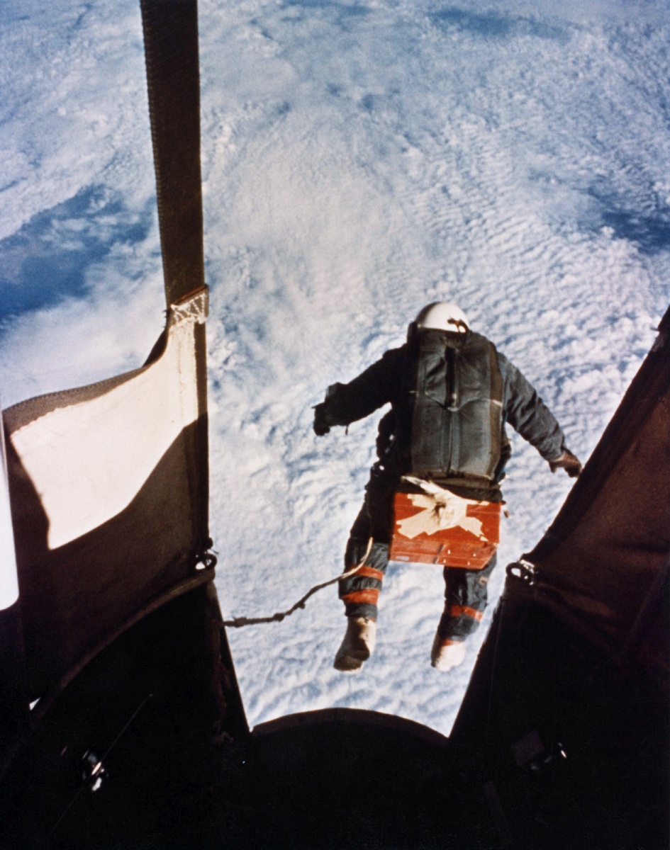 The moment of truth: Kittinger jumps from 102.800 ft. The picture was obtained from an automatic onboard camera located there by the National Geographic Society