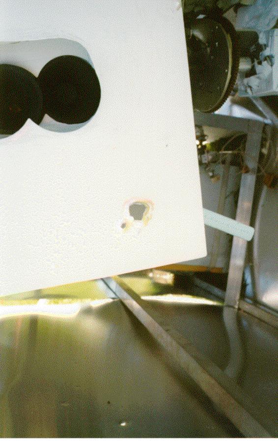 Detailed view of the gondola showing a bullet hole produced by the firing of two F-18 of the RCAF sent to down the balloon