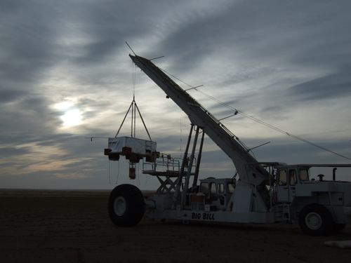 The CREST payload hanging against an overcast sky (Image Courtesy: Eric Bellm)