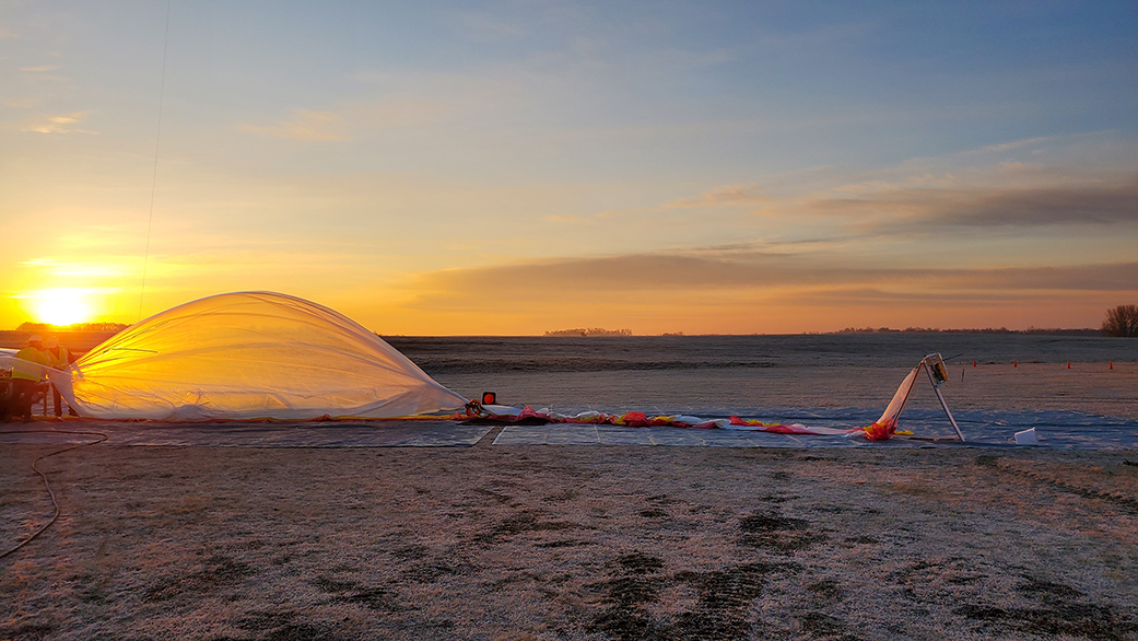 Raven Aerostar's high-altitude balloon is inflated the morning of its March 12, 2021 flight to test NASA's V-R3x technology in Baltic, SD - an effort made possible by the Agency's new PACE initiative.<br>(Image: Raven Aerostar)