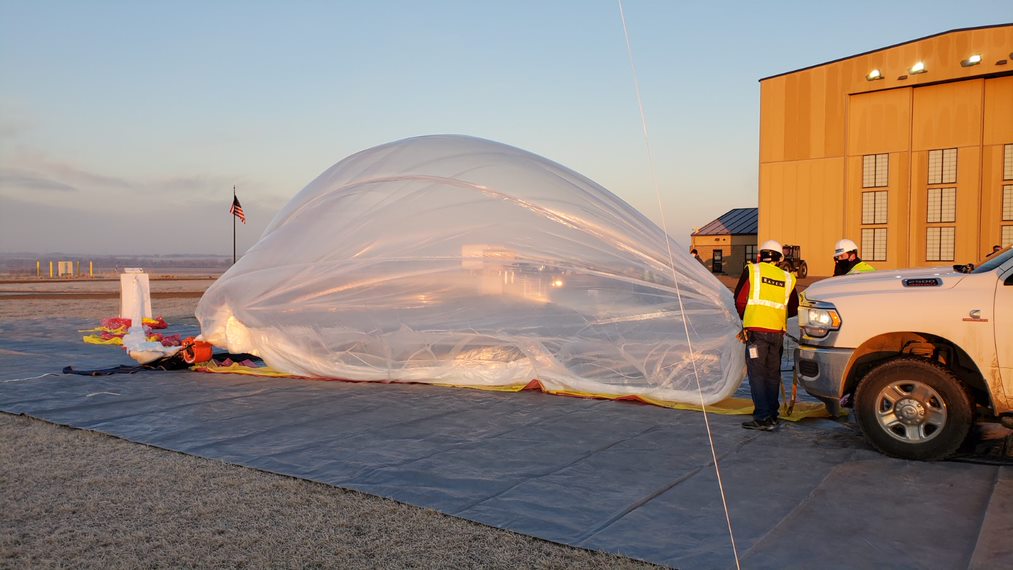 Raven Aerostar's high-altitude balloon is inflated the morning of its March 12, 2021 flight to test NASA's V-R3x technology in Baltic, SD - an effort made possible by the Agency's new PACE initiative.<br>(Image: Raven Aerostar)